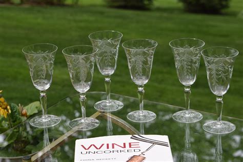 Vintage Floral Etched Wine Glasses, Set of 6, Antique Wine glasses, Tall Etched Optic Glass Wine ...