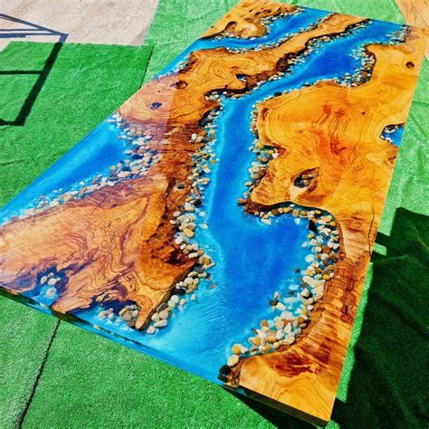 Personalized Neon Blue Epoxy Resin Dining Table With Stone ,Rock And ...