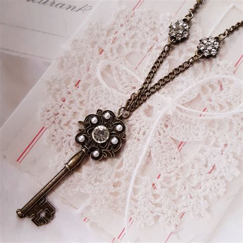 Rhinestone Key Necklace Antique Brass Key Long Necklace - Etsy