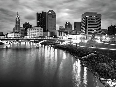 Columbus City Lights Over The Scioto - Black and White Photograph by ...