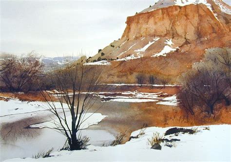 a watercolor painting of a snowy mountain scene with trees and snow on the ground