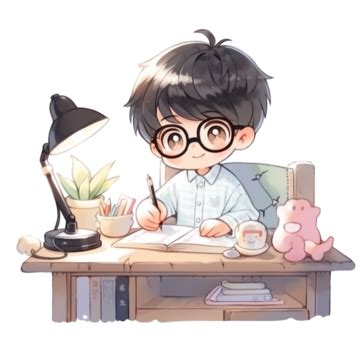 Boy Doing Homework Under Desk Lamp Cartoon Elements In The Beginning Of School Season, A Cute ...