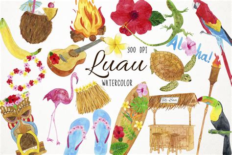 Watercolor Luau Clipart, Luau Clip Art, Hawaiian Clipart (103035) | Illustrations | Design Bundles