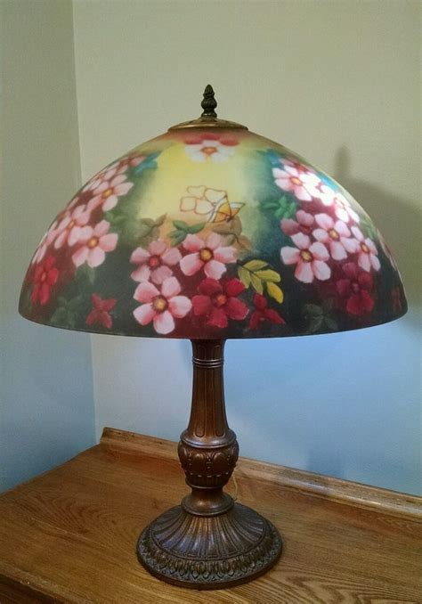 Vintage Reverse Painted Glass Shade Table Lamp | Glass table lamp, Reverse painted glass, Table lamp