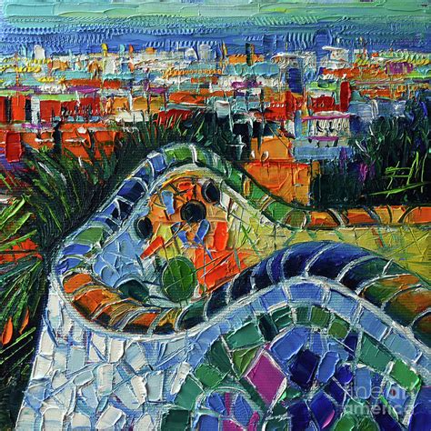 COLORFUL MOSAIC PARK GUELL BARCELONA impasto palette knife stylized ...