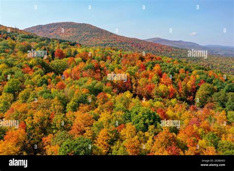 Aerial view of fall foliage along the Catskill Mountains in upstate New York along Five State ...