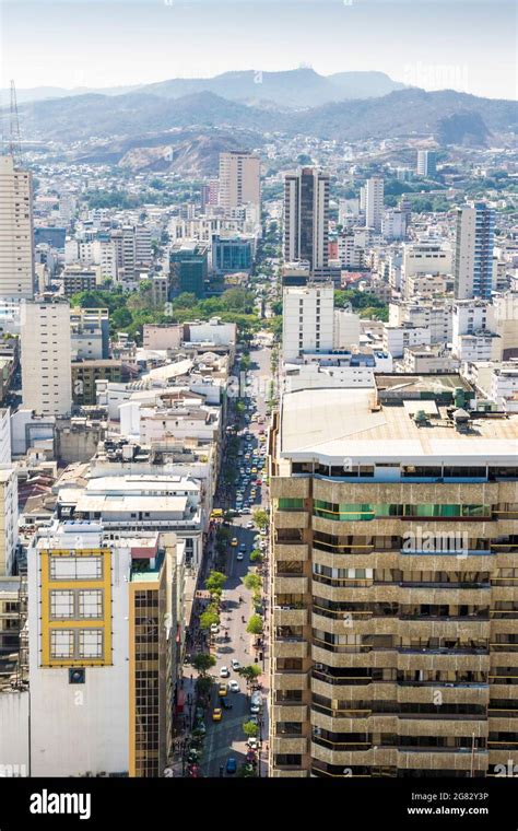 Aerial drone view of Guayaquil City in Ecuador. A look over downtown Guayaquil where all the ...