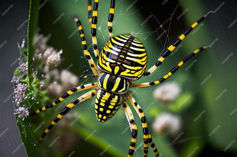 Premium AI Image | Argiope bruennichi wasp spider with black and yellow stripes on web