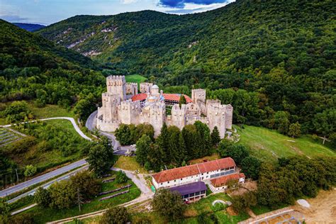 Aerial of the fortified Manasija Monastery, Serbia, Europe - Stock Photo - Dissolve