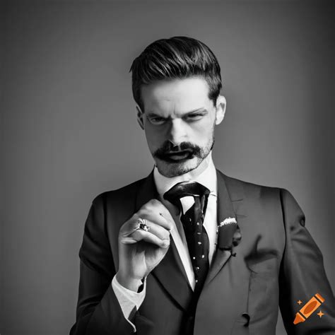 Black and white portrait of a stylish man with a mustache