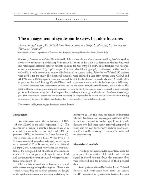 (PDF) The management of syndesmotic screw in ankle fractures