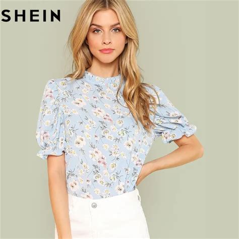 SHEIN Office Lady Tops Ruffle Floral Blue Blouses 2018 New Women Summer Casual Short Puff Sleeve ...