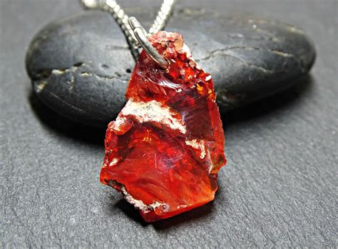 red fire opal necklace silver raw opal nugget pendant mens