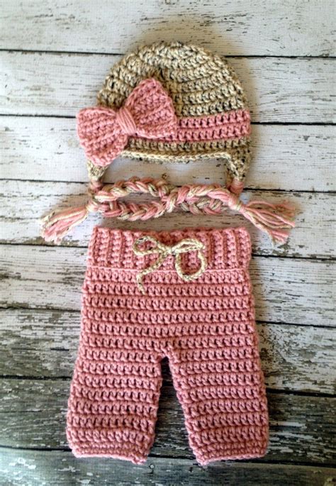 Big Bow Beanie in Oatmeal and Dusty Pink with Matching Pants | Etsy Girls Crochet Hats, Crochet ...