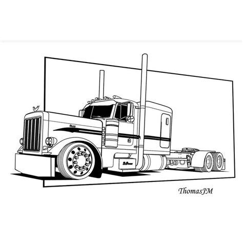 a black and white drawing of a semi truck