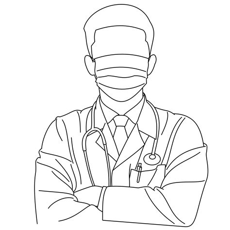 Illustration of line drawing a handsome young surgeon or medical doctor posing wearing uniform ...