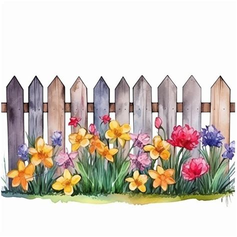 Premium AI Image | A painting of a fence with flowers and grass in ...