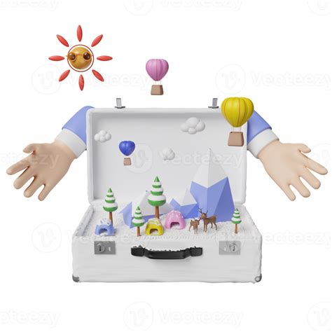 Free winter travel with cartoon hands, white suitcase, snow capped mountains, cloud, christmas ...