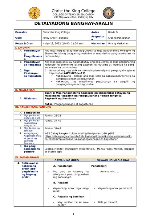 Detailed Lesson PLAN IN Araling Panlipunan 9- Pangangailangan AT ...