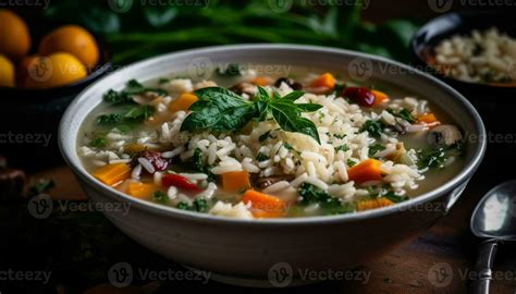 Healthy meal of vegetarian risotto with fresh vegetables and herbs ...