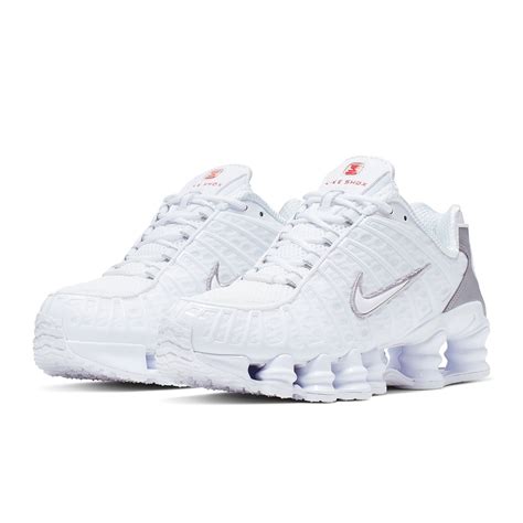 nike women shox tl white white metallic silver max orange