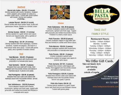 Online Menu of Bella Pasta Restaurant, Pawtucket, Rhode Island, 02861 ...