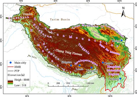 The elevation map and main cities in PTP. We add parts of the ...