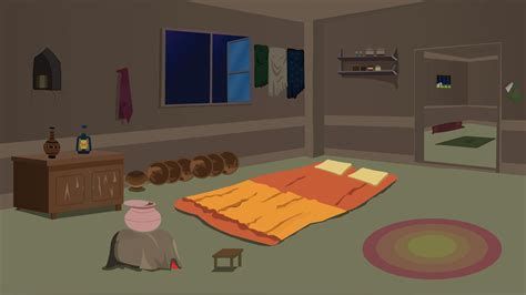 Room inside cartoon background, Poor house with kitchen with bed, table, window, door, chair ...