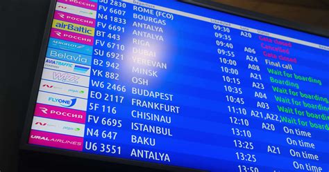 Digital board with information about boarding and flights at the airport. Flight schedule ...