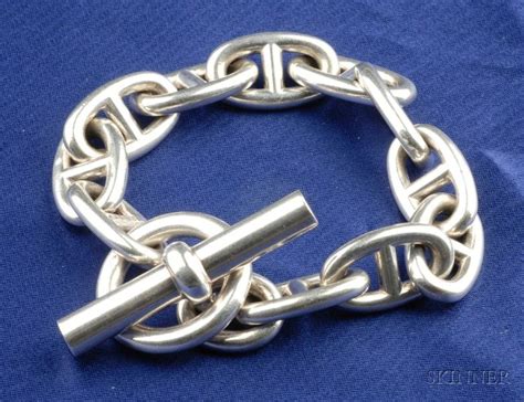STERLING SILVER ANCHOR CHAIN BRACELET, HERMES, PARIS, LG. 7 1/2 IN., FRENCH MAKERS MARK AND ...