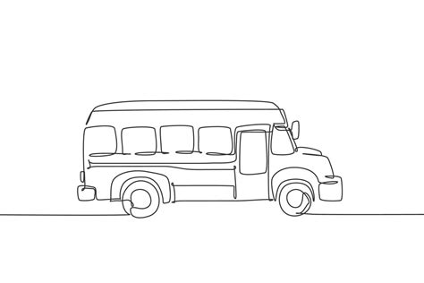 Single continuous line drawing of old elementary school bus vehicle ...