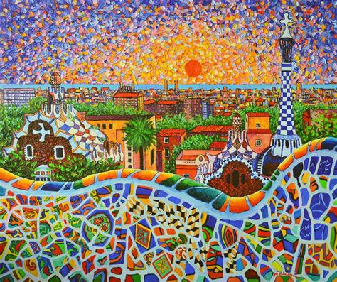 Barcelona Panorama Park Guell Modern Impressionist Palette Knife Oil ...