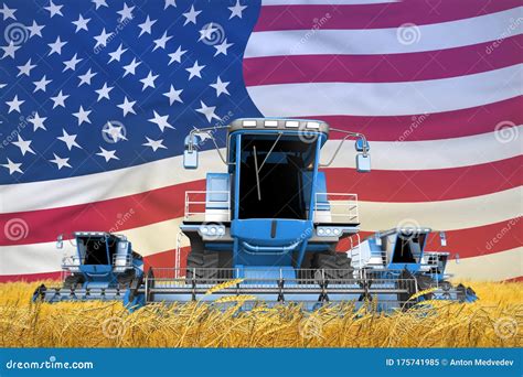 Four Light Blue Combine Harvesters on Rye Field with Flag Background ...