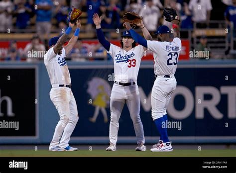 Los Angeles Dodgers outfielders David Peralta, James Outman and Jason ...