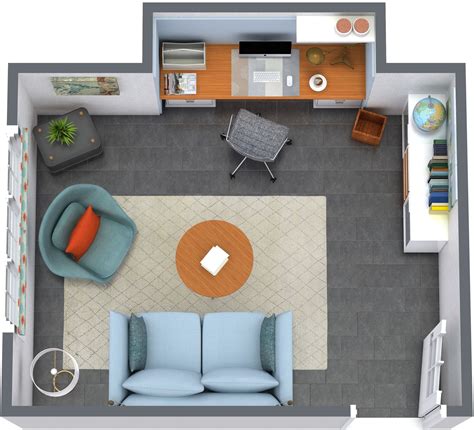 an overhead view of a living room and kitchen