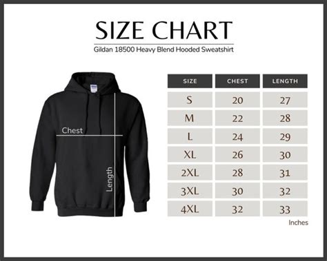 Gildan 18500 Size Chart Gildan Hooded Sweatshirt Size Chart | Etsy