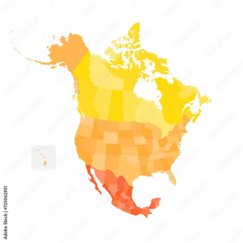 Political map of North American countries Canada, United States of America and Mexico with ...