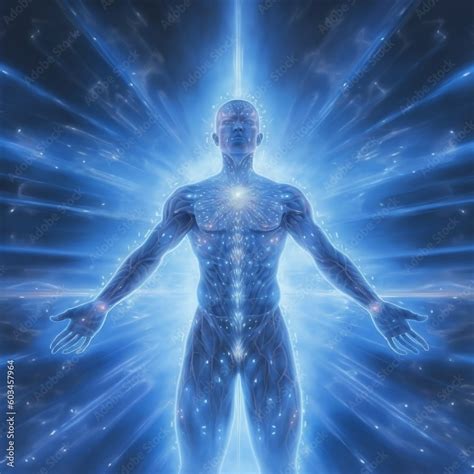 a human body with healing abilities, lights, blue, silver, surreal ...