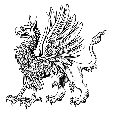 Standing Heraldic Griffin. Ink style engraving vector clipart. All ...