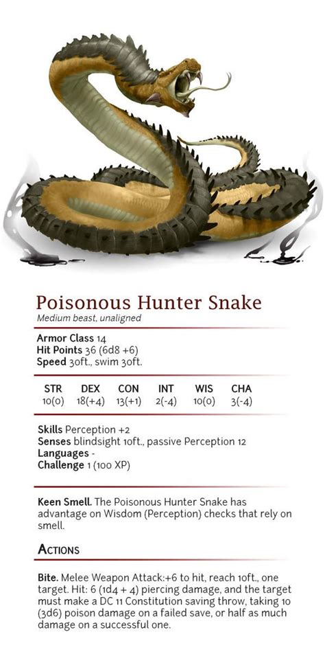 Poisonous Hunter Snake - CR 1 by dizman | Dnd dragons, Dnd monsters ...