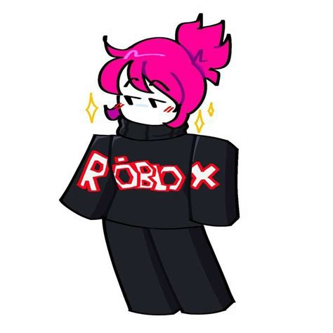 a drawing of a girl with pink hair wearing a black shirt that says robox