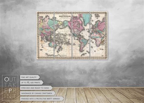 Antique World Map Canvas Art Print Ready to Hang LARGE on