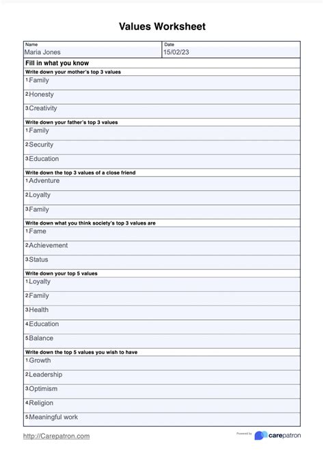 Values List Worksheet