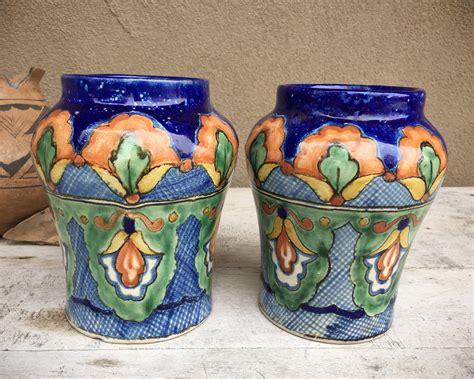 Two Uriarte Talavera Pottery Vases, Puebla Mexican Folk Art, Rustic Home Decor