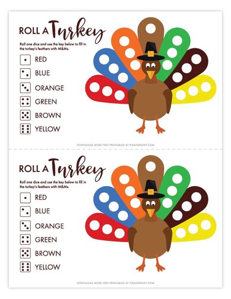 Roll a Turkey - Free Printable Thanksgiving Game | Thanksgiving activities for kids ...