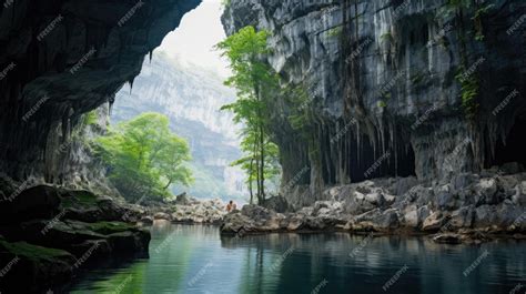 Premium AI Image | A photo of a karst landscape with limestone caves and grottos soft overcast light