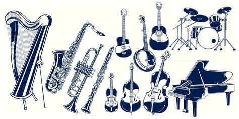 Set collection of musical instruments. Piano, violin, drum set ...