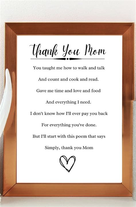 Thank You Mom Poem Printable Handmade DIY Thankyou Unique Gift for Mom ...