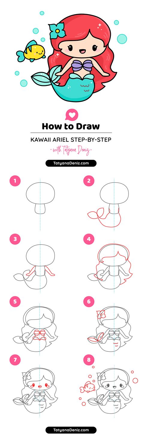 How to draw little mermaid Ariel cute and easy step-by-step