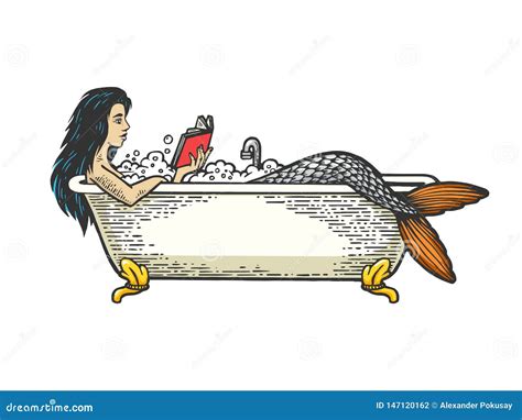 Mermaid Reading Book Bath Color Sketch Engraving Stock Vector - Illustration of isolated ...